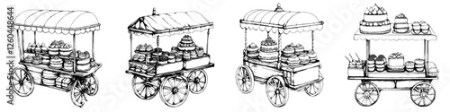 Colorful dessert carts filled with cakes and pastries at a bustling outdoor market during a sunny day