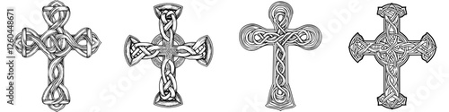 Intricate Celtic crosses showcasing elaborate knotwork designs from various angles