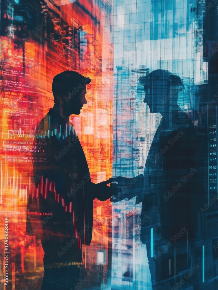 Fototapeta premium Business agreement concept with handshaking of businessmen at city background and digital screen with stock market graphs. Double exposure.