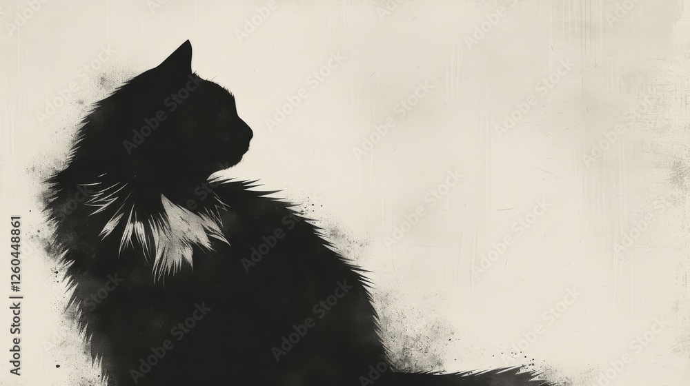 Monochrome silhouette of a long-haired cat with abstract textures and a serene profile. Ideal for artistic, moody, or minimalist projects. AI generated.