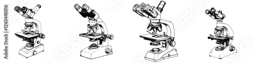 Different models of a laboratory microscope arranged in sequence with various features and designs highlighting their functionality