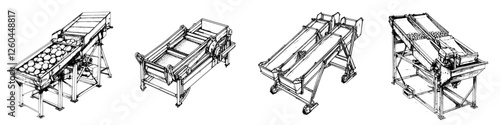 Various types of industrial conveyor systems for sorting and processing food products in a factory setting