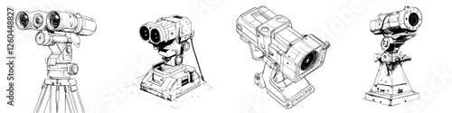 Detailed sketches of various surveillance equipment designed for monitoring and observation in military or security settings