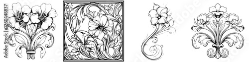 Floral design sketches showcasing intricate details and artistic styles in black and white