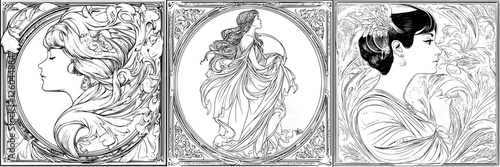 Elegant illustrations of female figures in flowing dresses captured in intricate floral designs and vintage styling