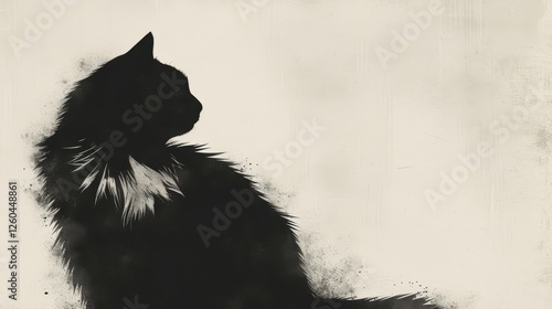 Obraz na płótnie Monochrome silhouette of a long-haired cat with abstract textures and a serene profile. Ideal for artistic, moody, or minimalist projects. AI generated. w salonie
