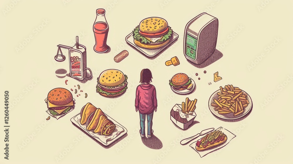 Unique conceptual art showing a person encircled by fast food items, scales, and nutrition themes, reflecting on modern dietary choices. AI generated for creativity.
