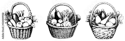 Freshly harvested vegetables arranged in three woven baskets showcasing variety and abundance from the garden