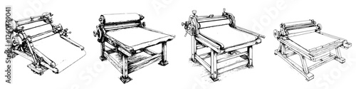 Vintage printing presses lined up in a workshop showcasing traditional craftsmanship and design