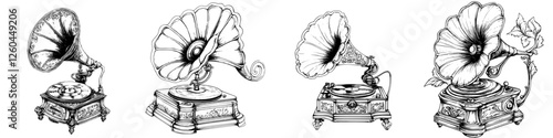 Vintage gramophones arranged artistically on a white background showcasing intricate designs and different sizes