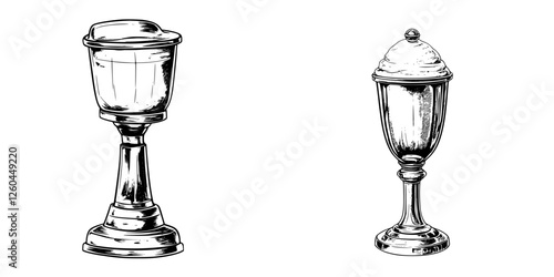 Vintage decorative silver goblets displayed on a neutral background showcasing intricate designs and craftsmanship