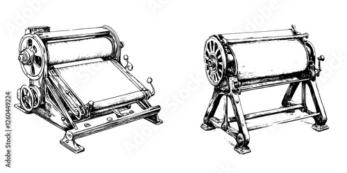Vintage printing presses showcasing intricate design and mechanical features from an earlier era in a workshop setting