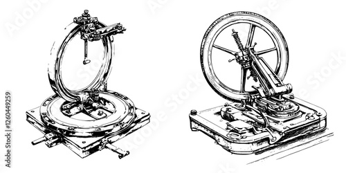 Illustrations of vintage rotating machinery used in industrial applications during the 19th century