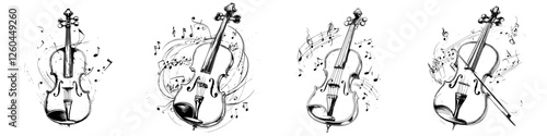 Unique artistic representations of violins with musical notes on a white background