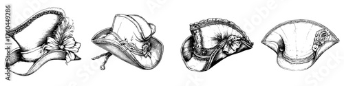 Elegant historical hats displayed in a vintage style showcasing intricate designs and craftsmanship