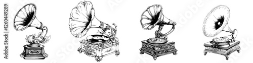 Vintage gramophones displayed together highlighting the evolution of music technology in black and white illustration