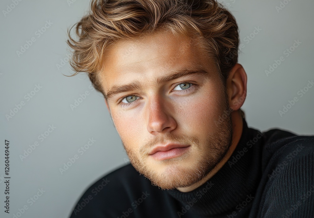 Naklejka premium Young man with striking blue eyes and tousled blonde hair wearing a black turtleneck sweater against a neutral background, capturing a contemplative expression.