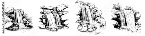 Beautiful black and white illustrations of serene waterfalls cascading over rocks in a natural setting