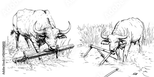 Oxen working in the field using traditional farming tools during a sunny afternoon