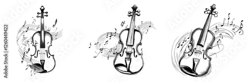 Elegant musical drawings of violins with flowing notes representing harmony and creativity