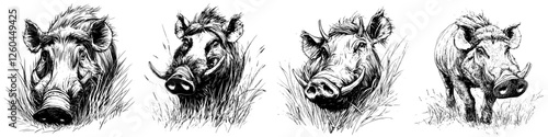 Detailed illustrations of wild boars in natural settings showcase their unique features and behaviors