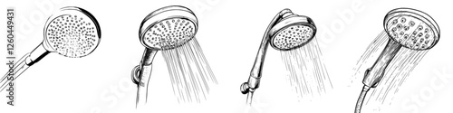Various designs of showerheads illustrating different styles and water flow patterns in modern bathrooms