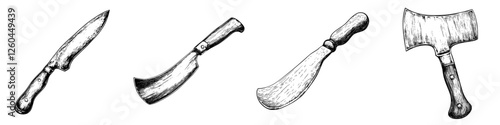 Various kitchen knives and tools arranged on a clean surface highlighting their different shapes and sizes