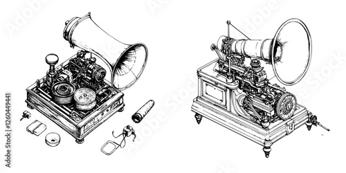 Vintage phonographs with large horns and intricate designs displayed on a neutral background