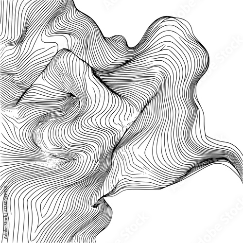 Abstract line art depicting facial features and flowing forms in monochrome tones, emphasizing depth and movement