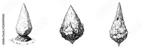 Unique illustrations of stone structures resembling conical peaks in a natural setting during daylight hours