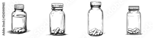 Bottles containing various pills and supplements are arranged in a row on a plain background