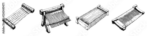 Different types of weaving looms illustrated in a traditional style showcasing craftsmanship and technique