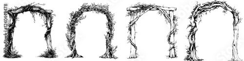 Decorative nature-inspired archways adorned with vines and foliage showcase artistic craftsmanship and organic beauty