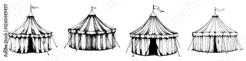 Various circus tents displayed in a row, showcasing different styles and designs with striped patterns and flags