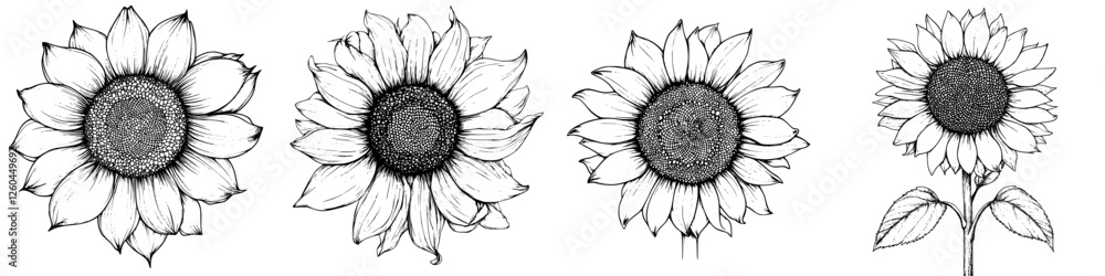 Fototapeta premium Sunflower illustrations showcasing various stages of bloom and detail in black and white artistry