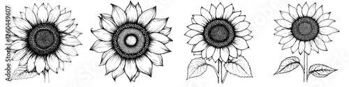 Bright sunflowers in various stages of bloom showcasing their unique structures and details in a black and white artistic style