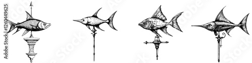 Unique metal fish sculptures displayed in artistic arrangement showcasing craftsmanship and design inspiration