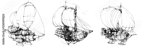 Steampunk inspired airships with sails and mechanical elements flying through the sky