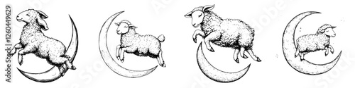 Sheep jumping over moons in a whimsical illustration depicting playful nighttime scene