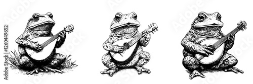 Frogs playing musical instruments in a whimsical, nature-inspired illustration with intricate details and charming characters