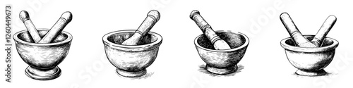 Different styles of mortar and pestle used for grinding and mixing ingredients in cooking