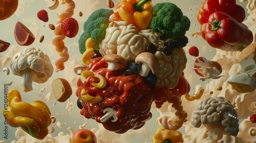 A surreal composition featuring a brain-like arrangement of fruits, vegetables, and other food items, symbolizing nutrition and creativity. AI generated.