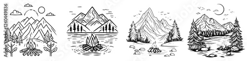 Nature-inspired line drawings of mountains, water, and campfires ideal for outdoor adventure themes