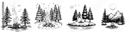Outdoor campfires surrounded by trees and mountains during the day and night with stars in a serene wilderness setting
