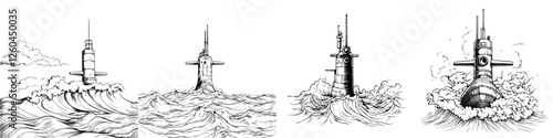 Submarine surfacing in turbulent waters showcasing intricate design and powerful presence during high-seas adventure