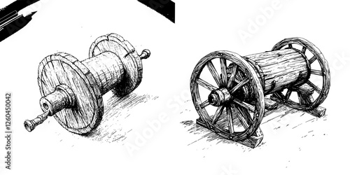 Detailed sketch of a vintage wooden spool and rolling wheel in a rustic setting