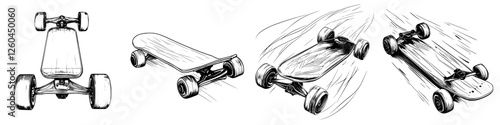 Dynamic skateboarding illustrations showing agility and speed in a city environment