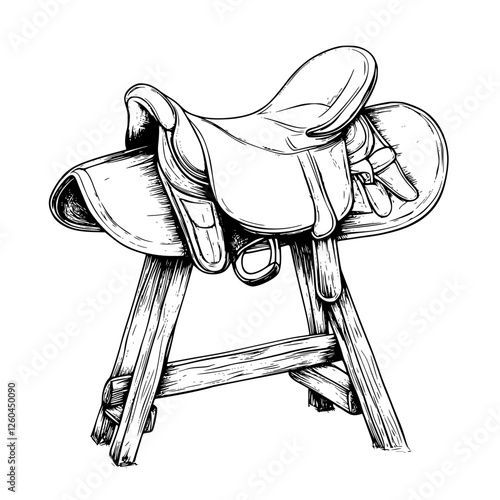 Detailed drawing of a classic western saddle on a wooden stand in a rustic stable setting