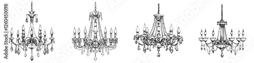 Elegant chandeliers displayed in various designs showcasing intricate details and artistic craftsmanship from historic decor styles