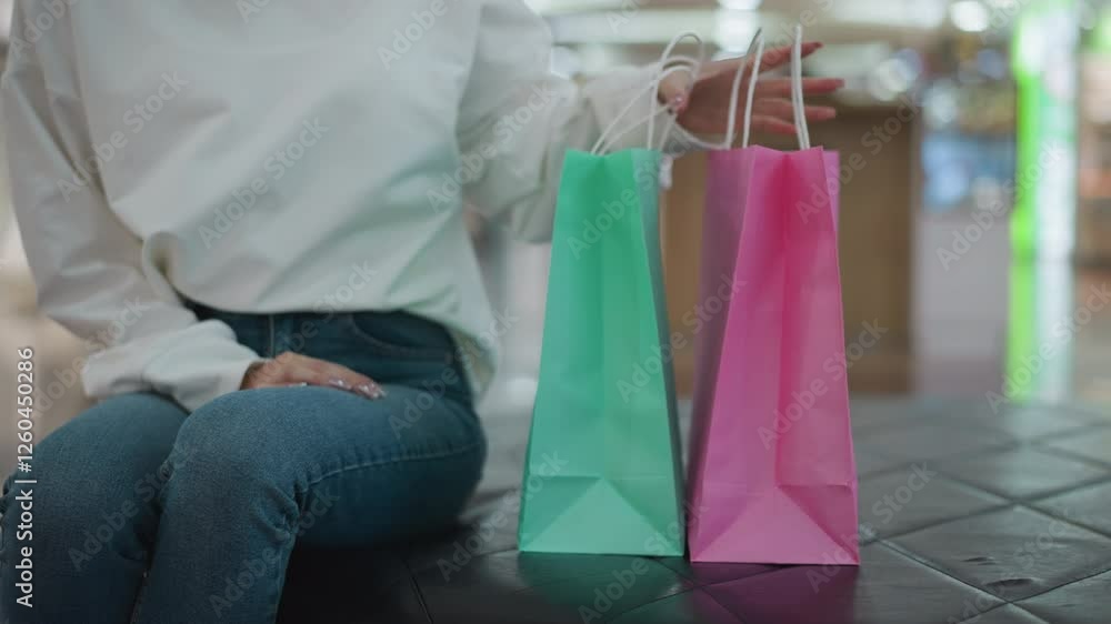 Lady seated next to pink and mint shopping bags on a tiled bench reaches for bags while standing, with blurred mall background featuring shoppers and vibrant bokeh lights Lady seated next to pink and mint shopping bags on a tiled bench reaches for bags while standing, with blurred mall background featuring shoppers and vibrant bokeh lights